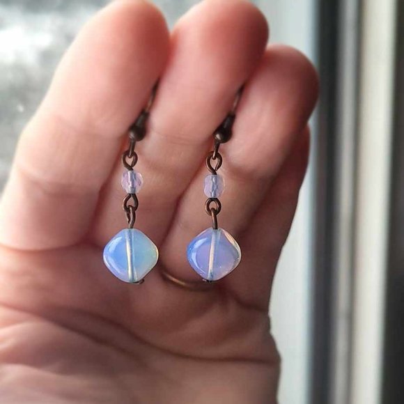 GORGEOUS Opalite & Genuine Rose Quartz Faceted Bead Hook Earrings - Picture 2 of 6